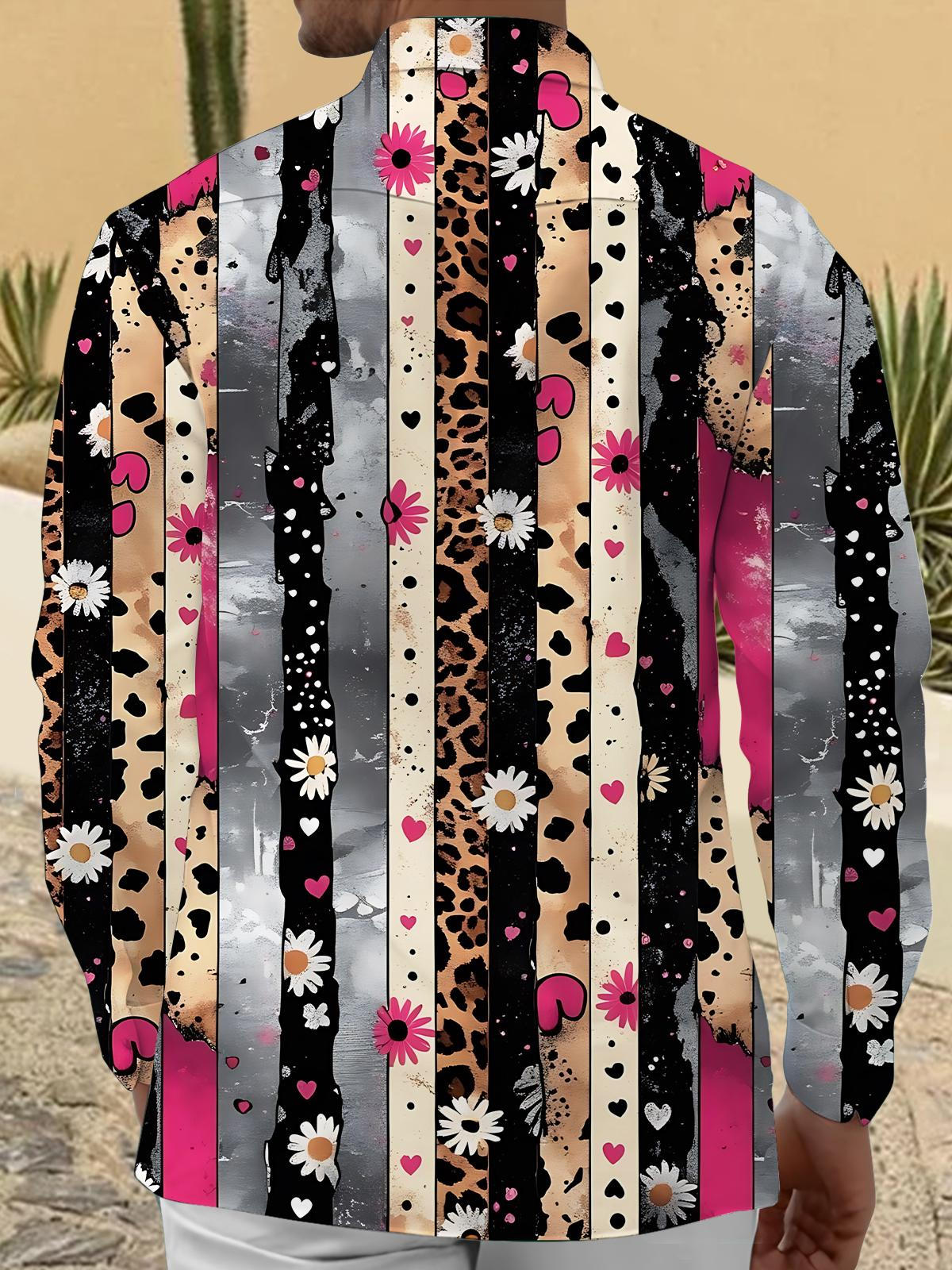 Floral Leopard Stripes Print Men's Pocket Long Sleeve Shirts