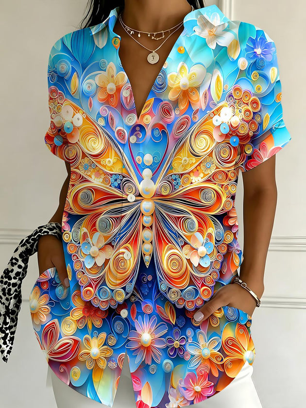 3D Colorful Butterfly And Floral Women's Short Sleeve Shirts