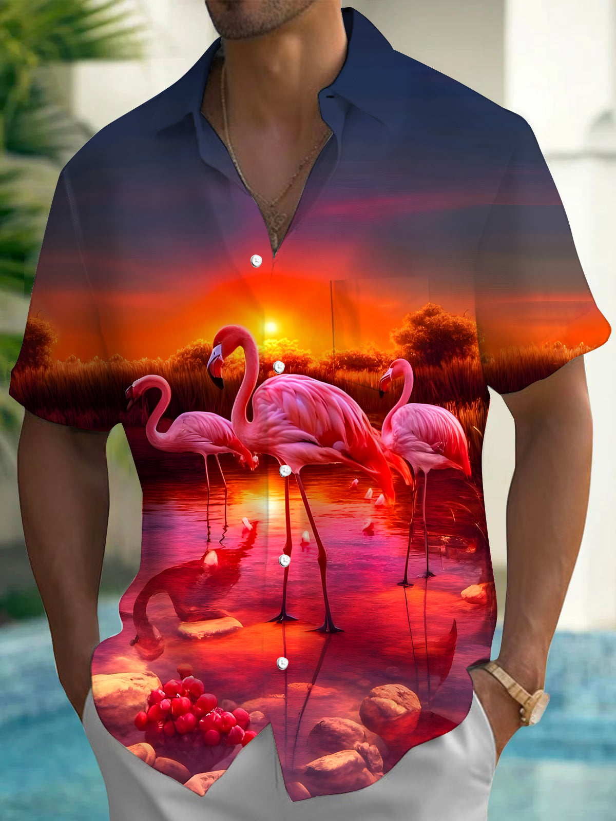 Hawaiian Flamingo Men's Pocket Short Sleeve Shirts