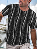 Black And White Curve Strip Print Round Neck Short Sleeve Men's T-shirt