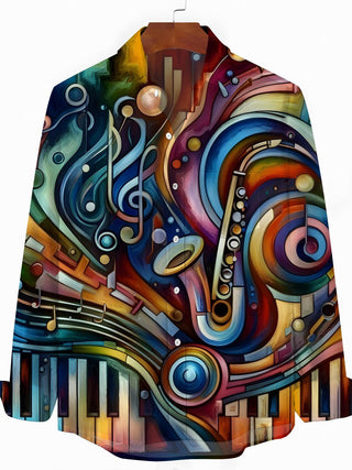 Men's Abstract Music Instrument Art Print Pocket Long Sleeve Shirt Front View