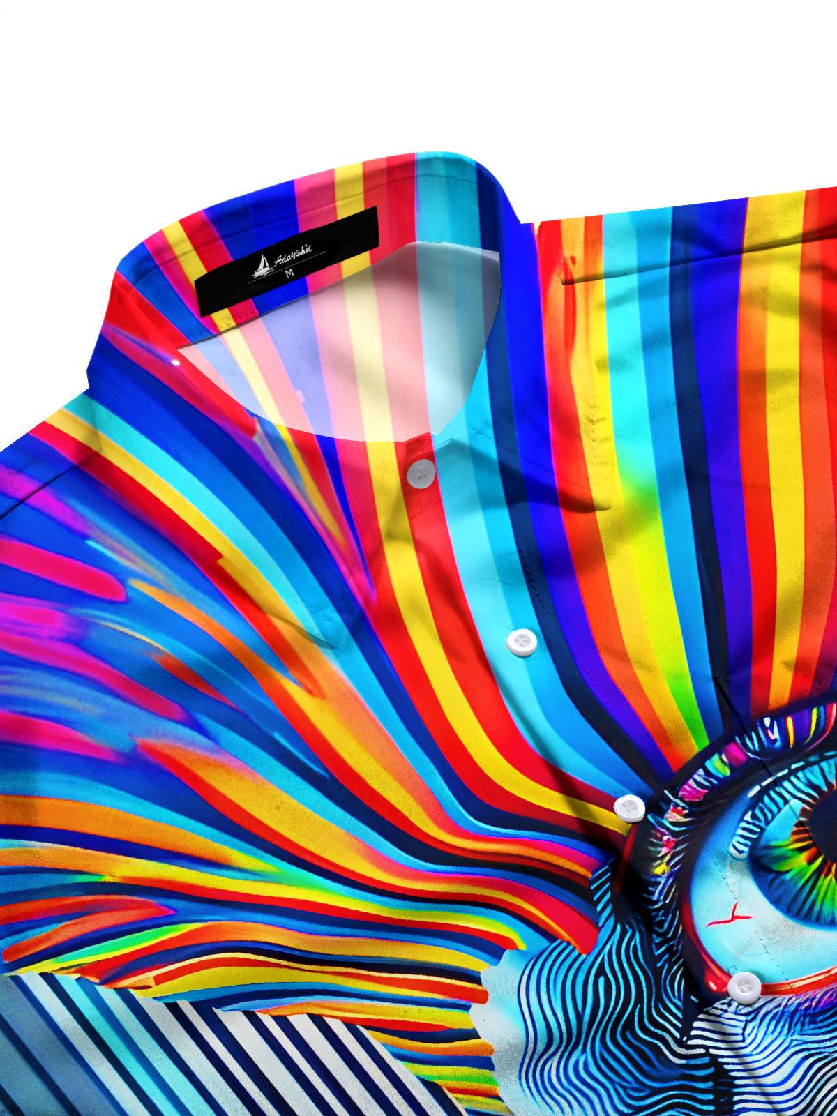 Colorful Tie-dye Art Face Stripes Checkered Men's Pocket Short Sleeve Shirts