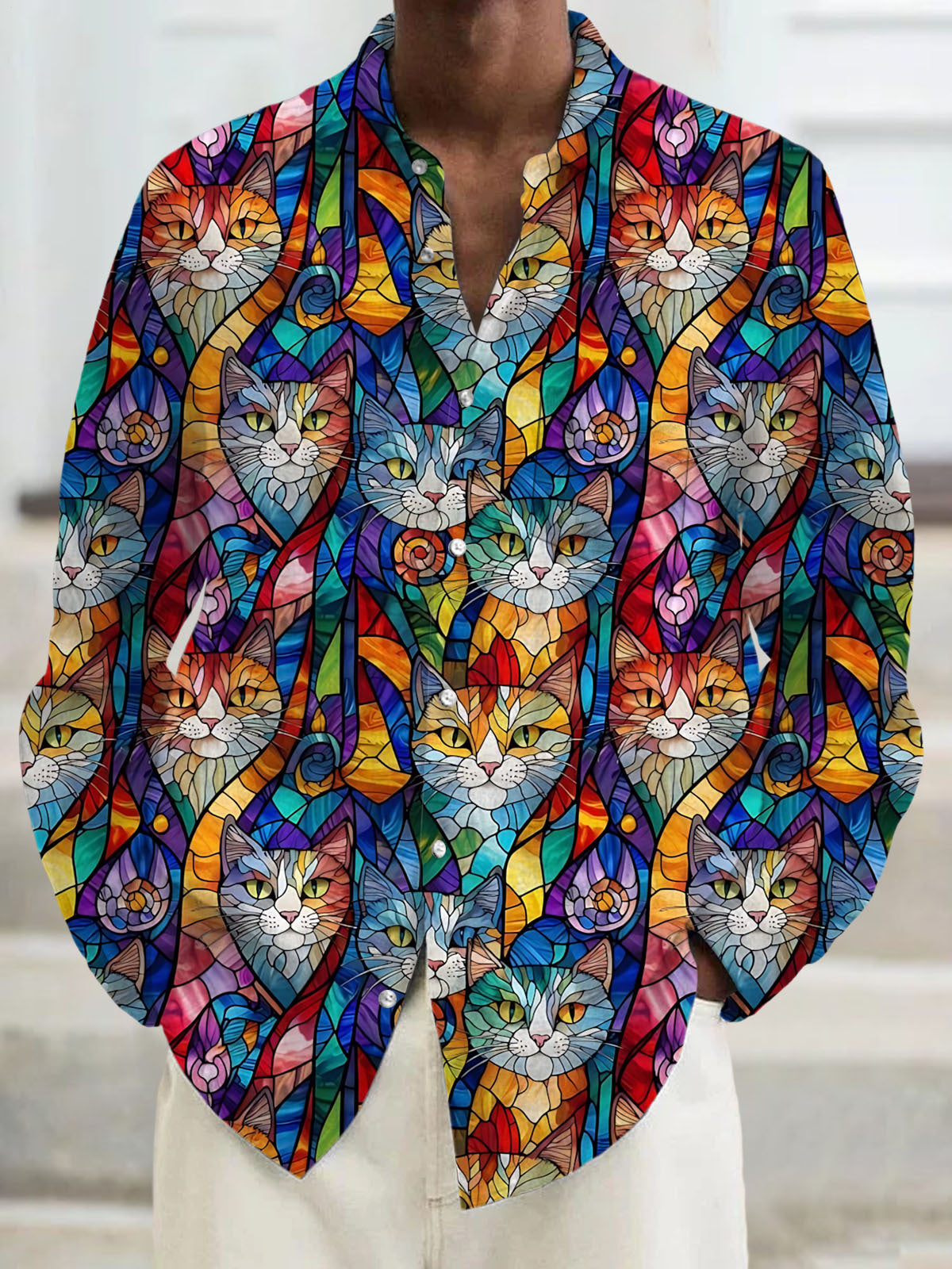 Cat Print Men's Pocket Long Sleeve Shirts