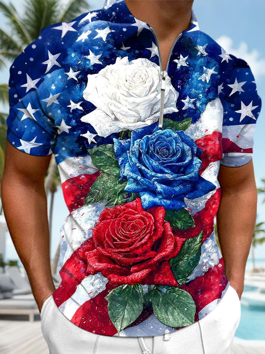 Men's American flag floral short sleeve polo shirt front view for Independence Day