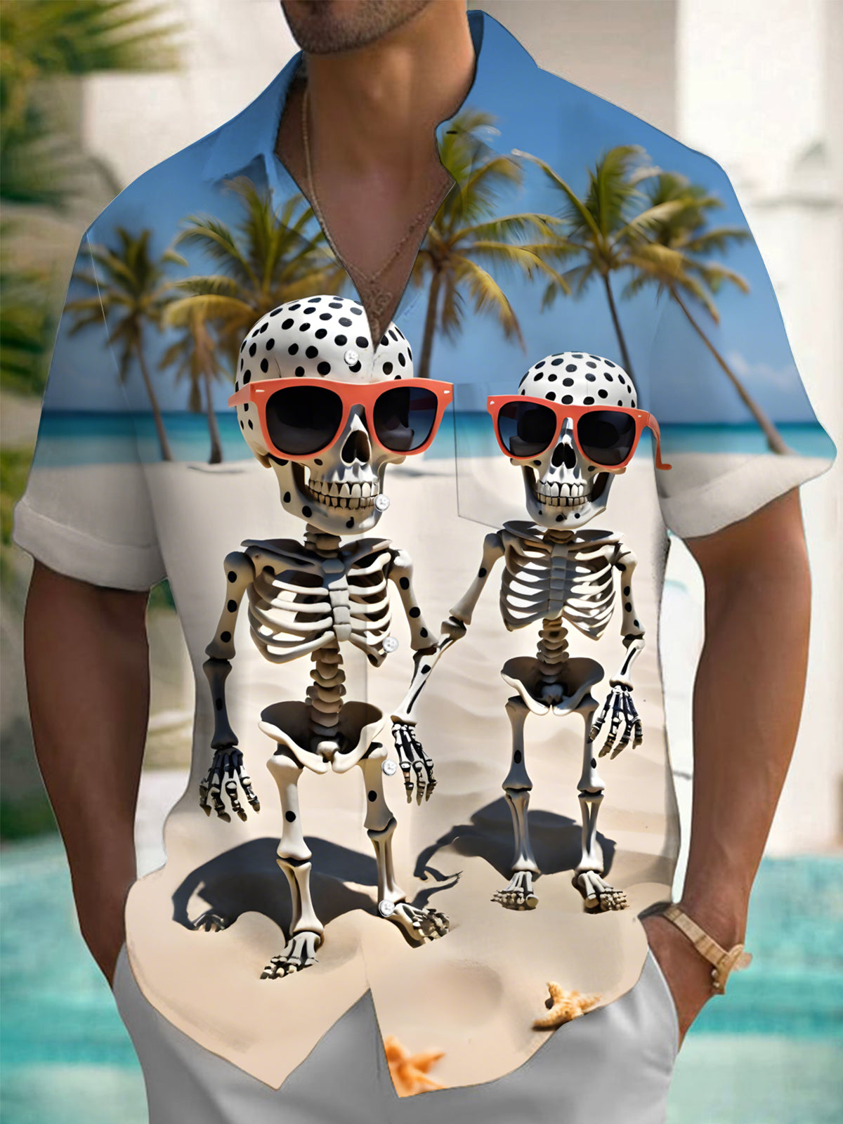 Hawaiian Skull Print Men's Pocket Short Sleeve Shirts