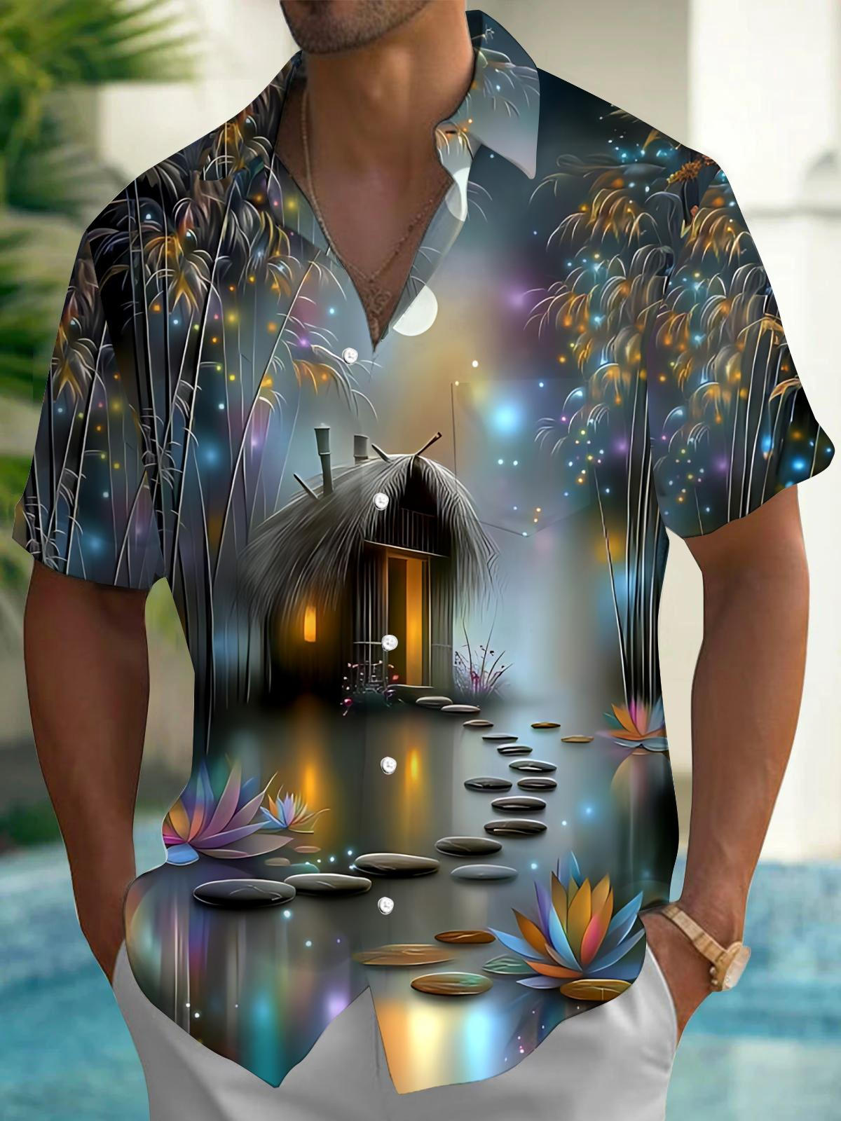 Bamboo Forest Grass House Art Print Men's Pocket Short Sleeve Shirts