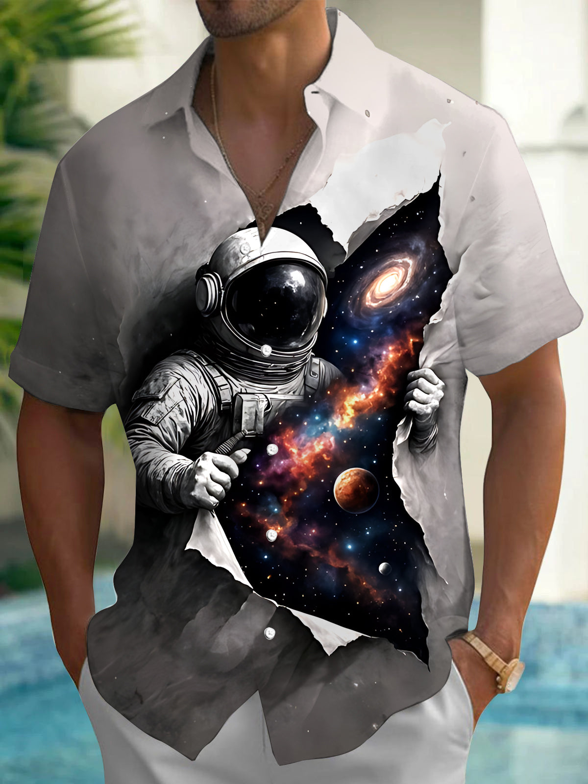 Space Astronaut Print Men's Pocket Short Sleeve Shirts