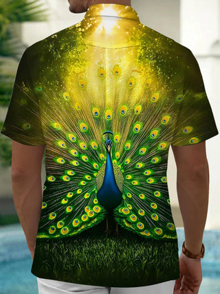 Men's animal peacock print pocket short sleeve shirt back view