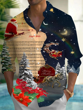 Men's music print long sleeve shirt front view for Christmas holiday party