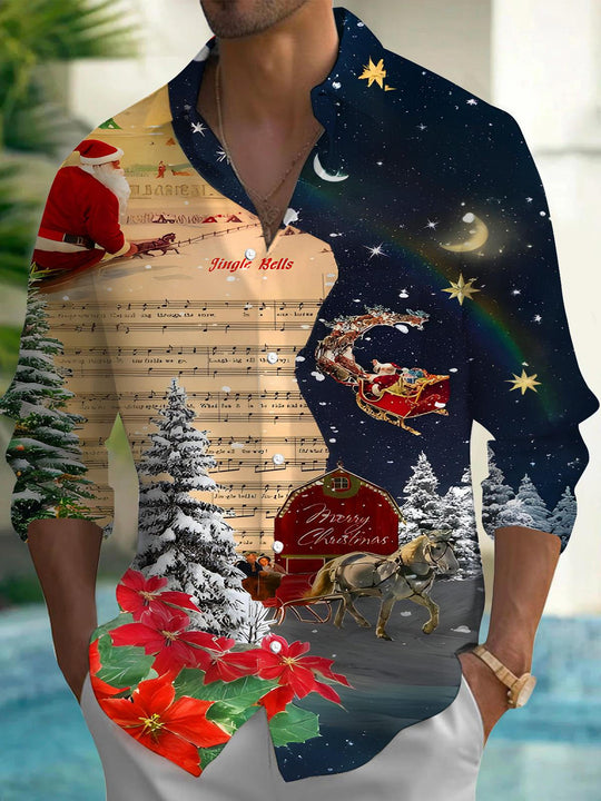 Men's music print long sleeve shirt front view for Christmas holiday party