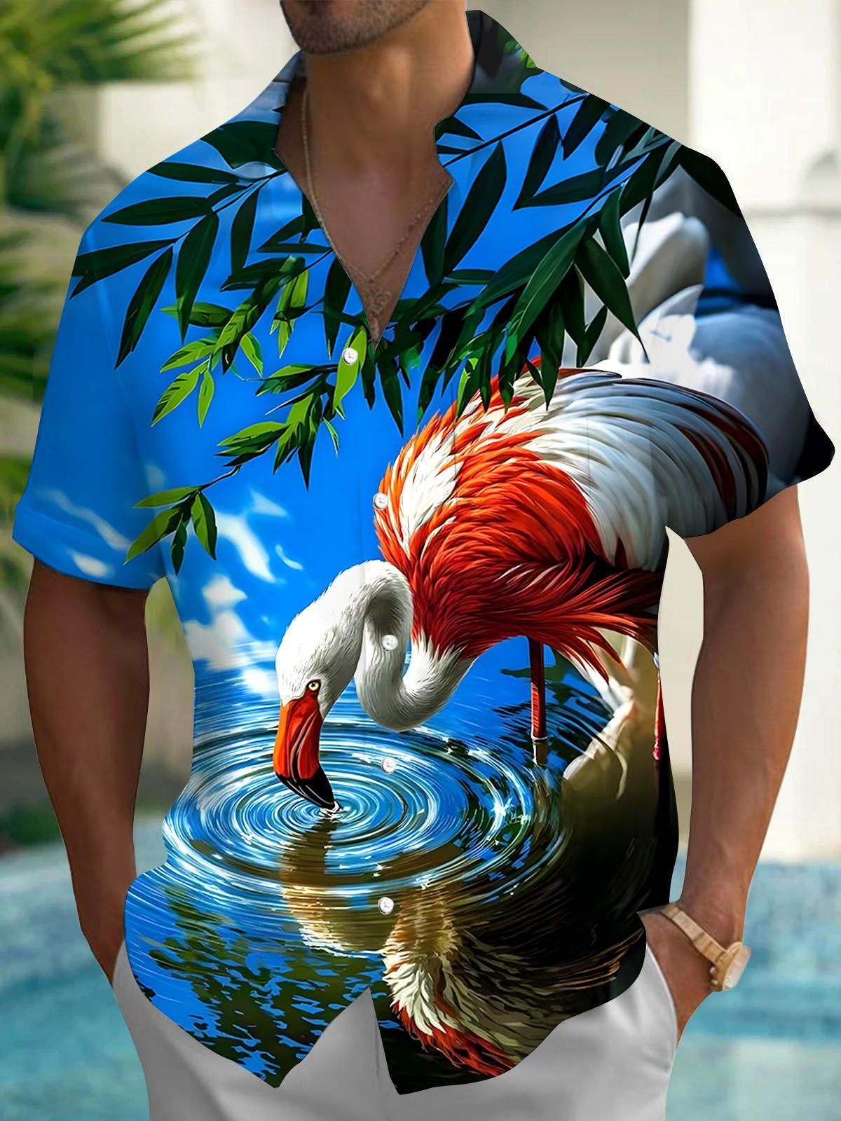Flamingo leaf Lake Men's Pocket Short Sleeve Shirts