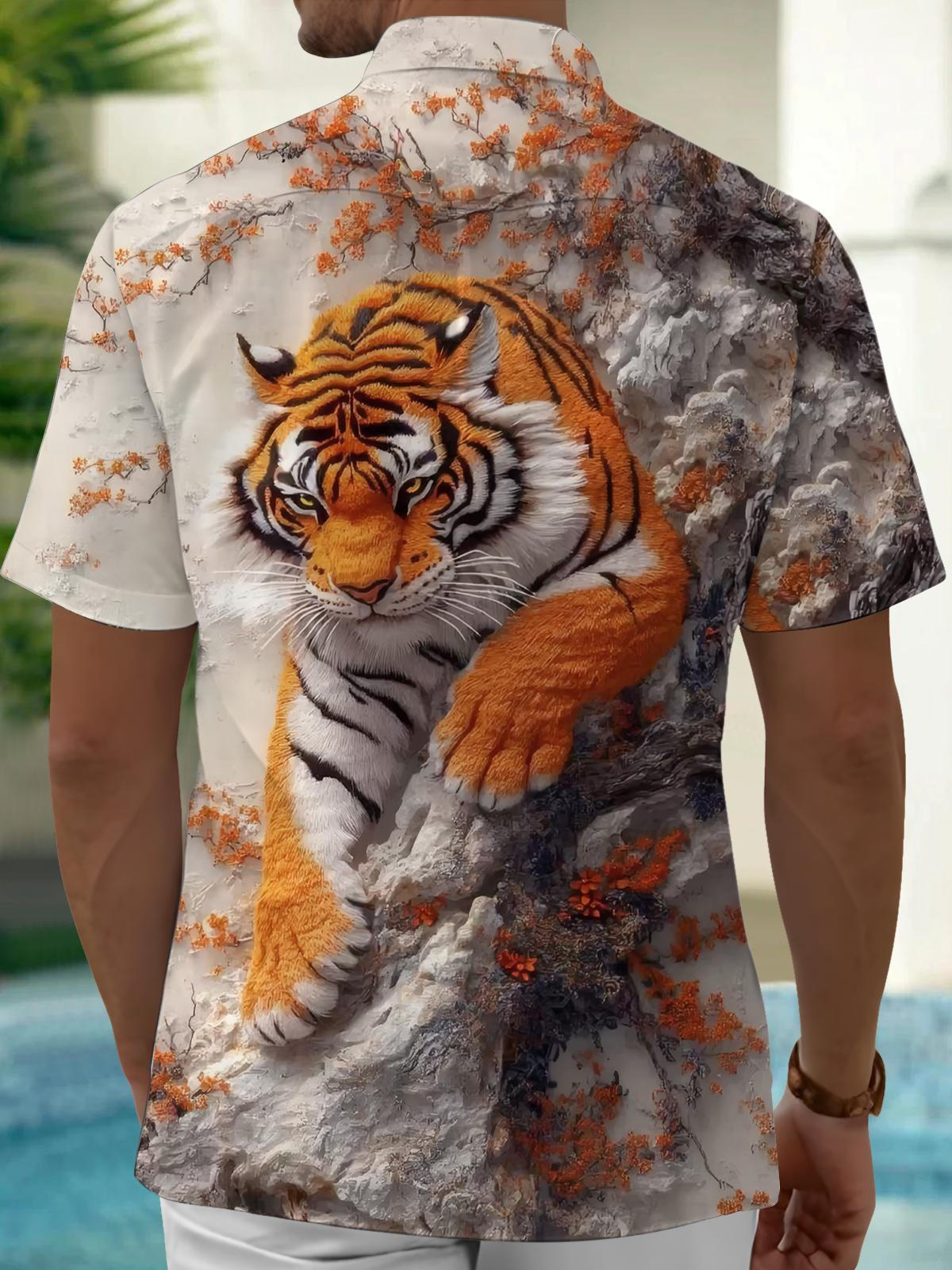 Tiger Plant Print Men's Pocket Short Sleeve Shirts