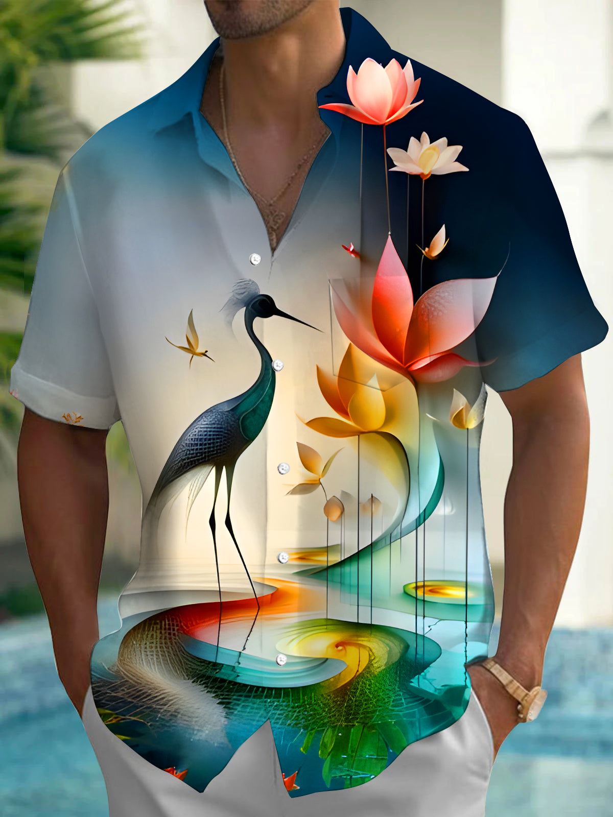 Crane Lotus Floral Men's Pocket Short Sleeve Shirts