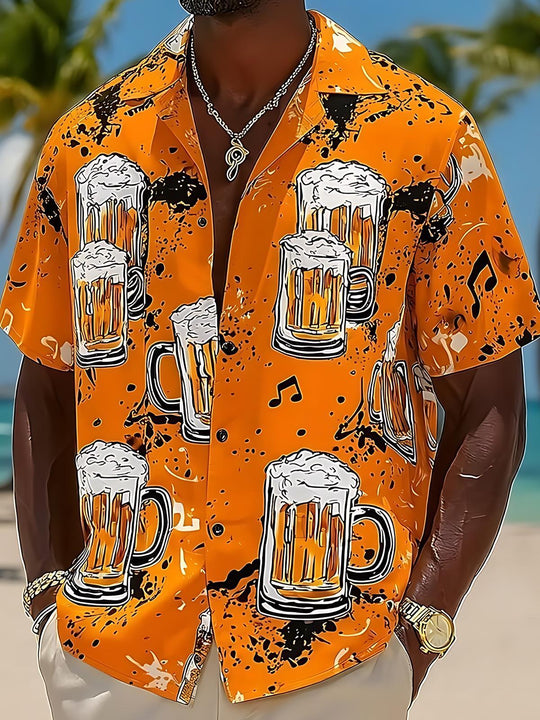 Beer Print Men's Pocket Cuban Collar Short Sleeve Shirt
