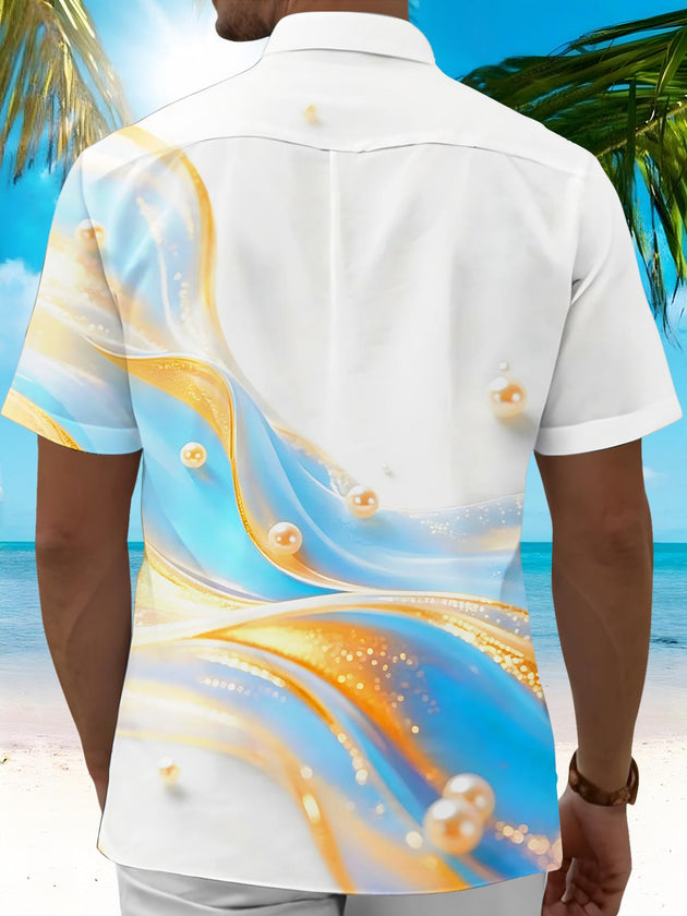 Men's blue water ripple pearl fluid art pocket short sleeve shirt back view