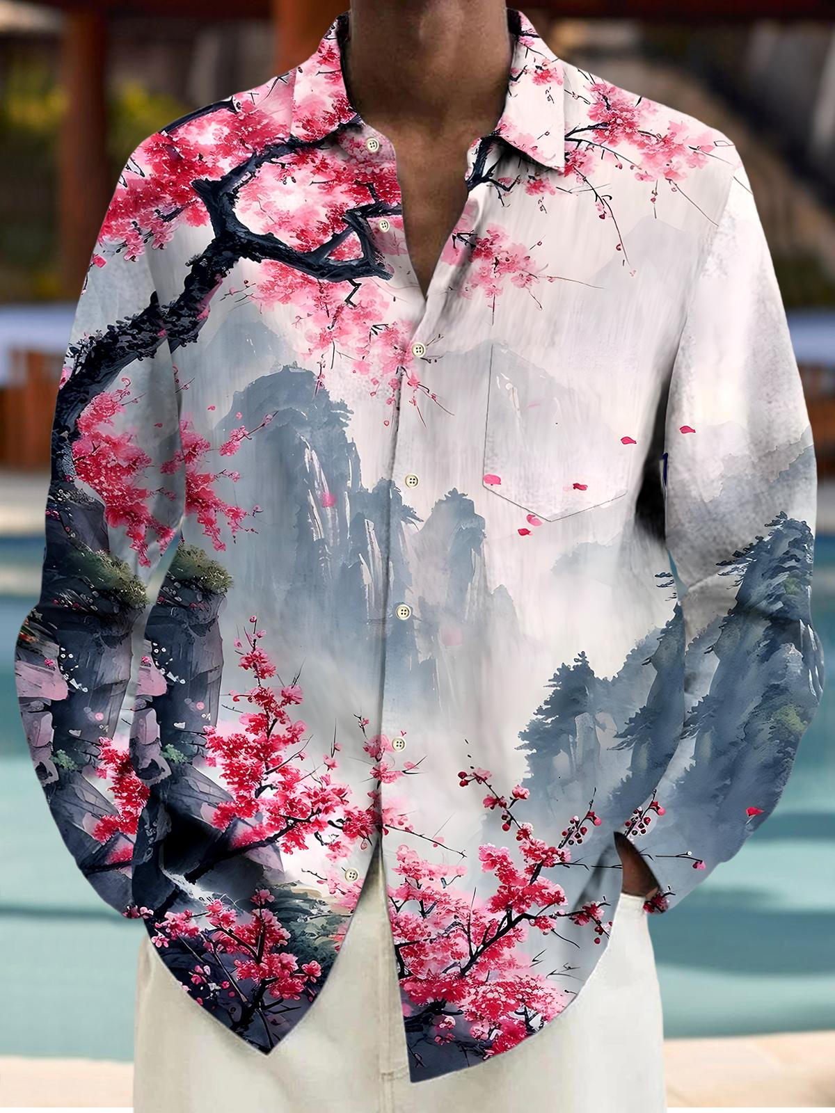 Mountain Floral Men's Pocket Long Sleeve Shirts
