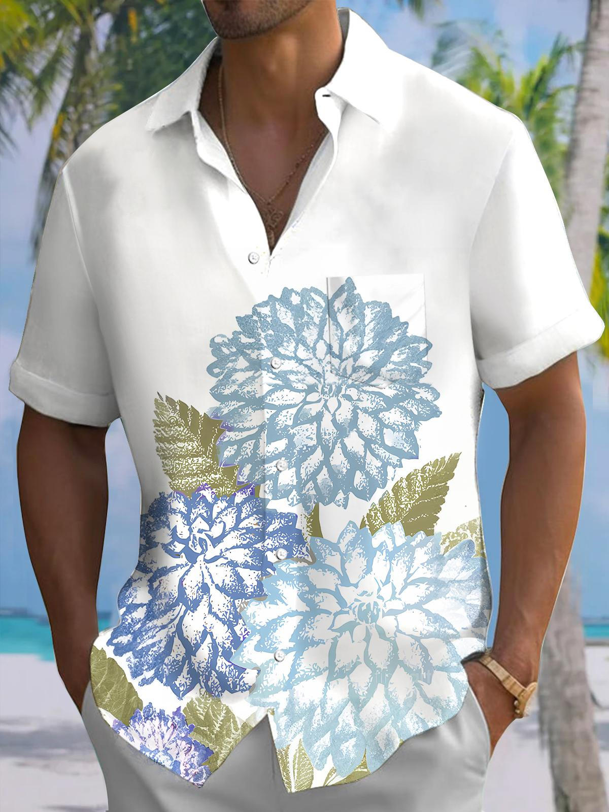 Floral Print Men's Pocket Short Sleeve Shirts