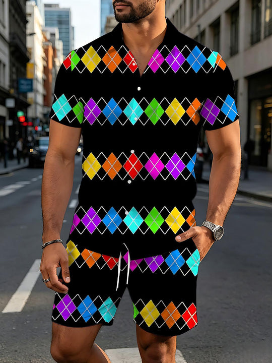 Colorful Geometric Print Men's Short Sleeve Pocket Shirts And Shorts Set