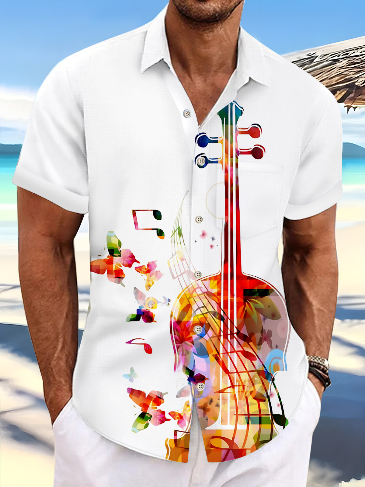 Violin Butterfly Print Men's Pocket Short Sleeve Shirts