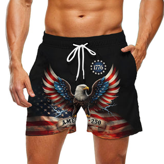 Men wearing American flag print casual shorts at beach for Independence Day lifestyle scene