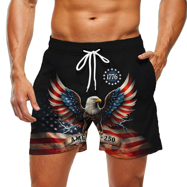 Men wearing American flag print casual shorts at beach for Independence Day lifestyle scene