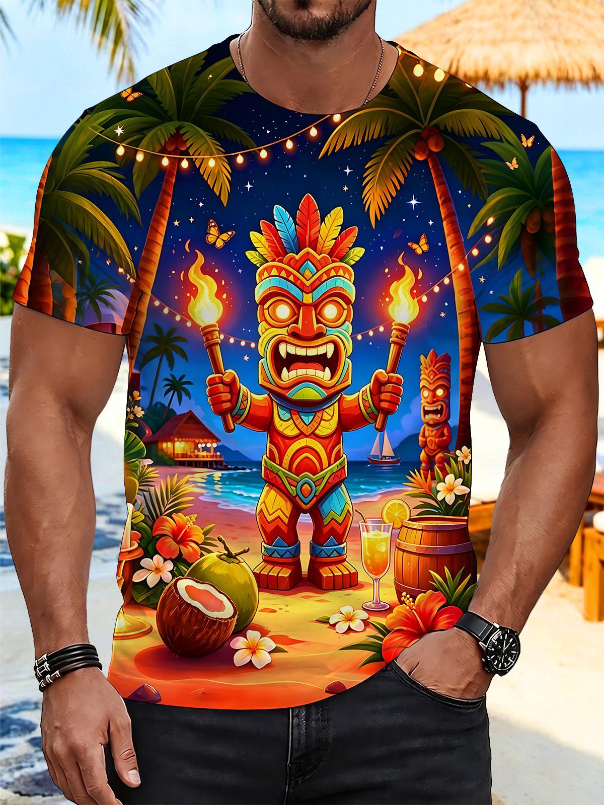 Fun Hawaiian Night Beach Torch Tiki Statue Tropical Round Neck Short Sleeve Men's T-shirt