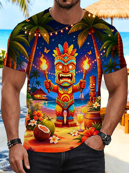 Fun Hawaiian Night Beach Torch Tiki Statue Tropical Round Neck Short Sleeve Men's T-shirt