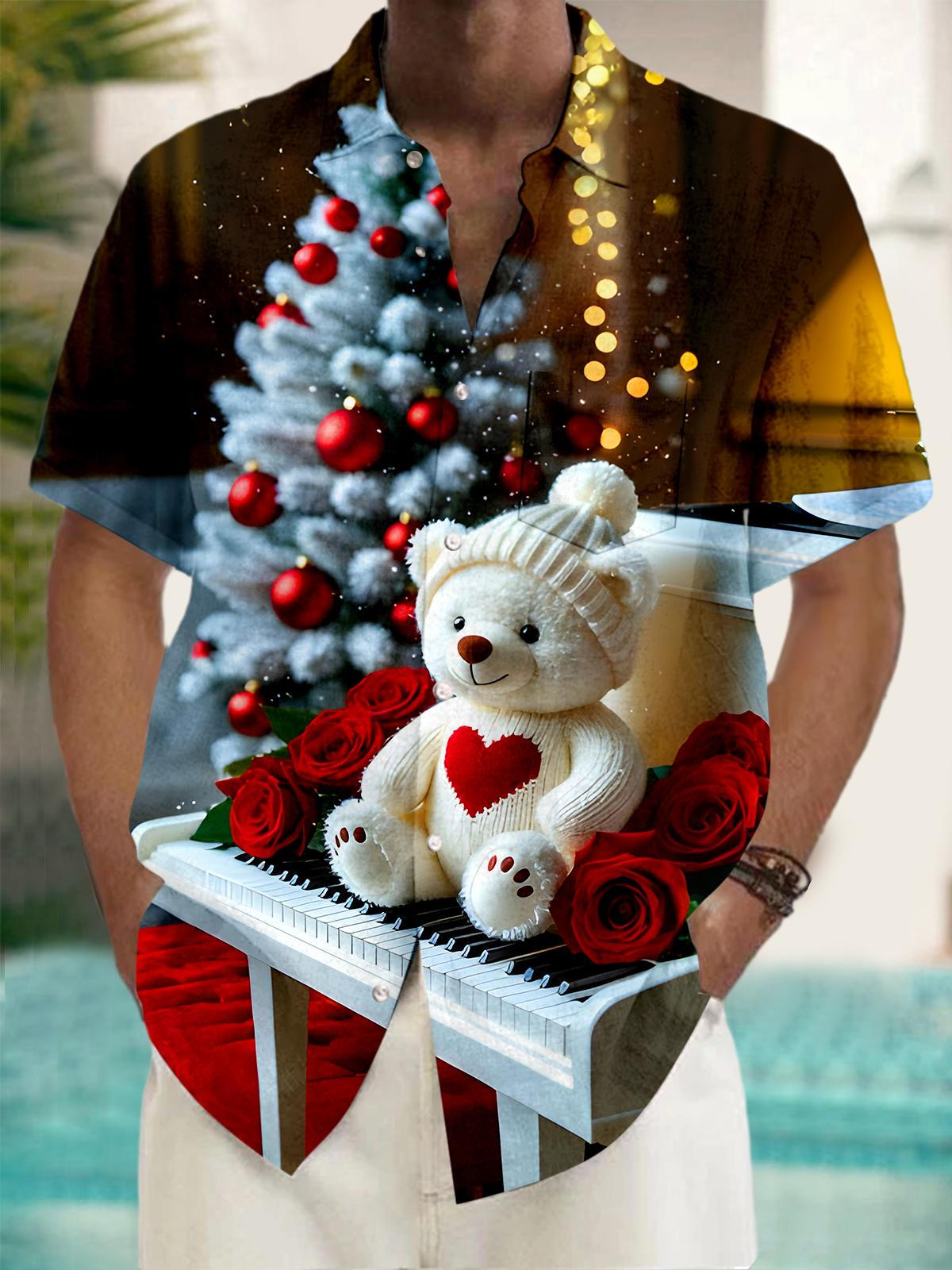 Christmas Tree Plush Bear Rose Piano Men's Pocket Short Sleeve Shirts