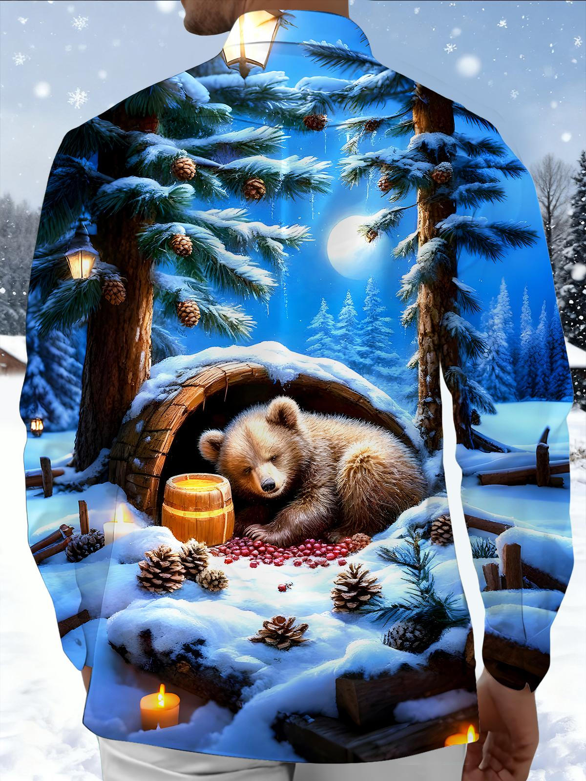Winter Forest Bear Men's Pocket Long Sleeve Shirts