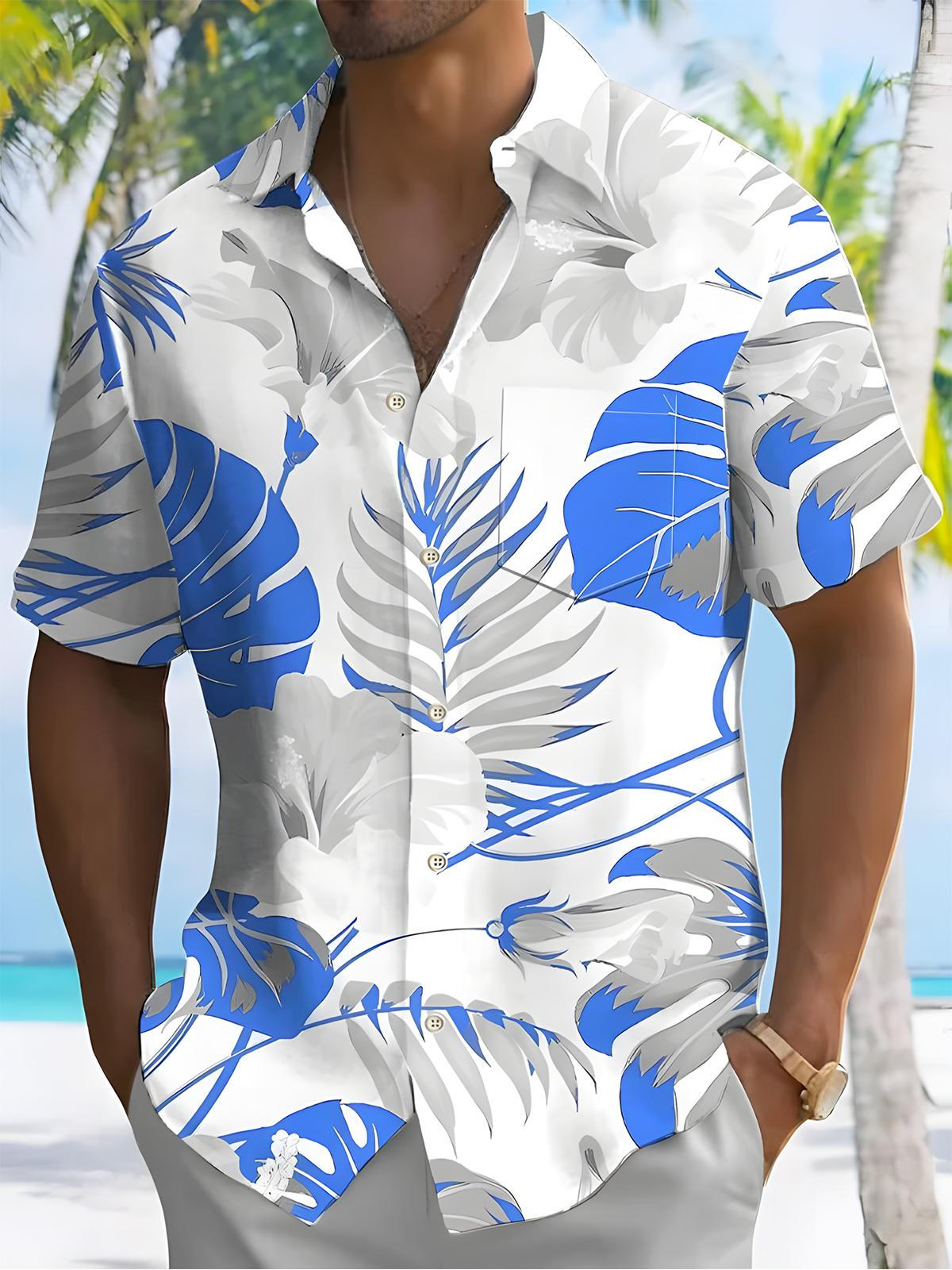 Hawaiian Floral Leaves Print Men's Pocket Short Sleeve Shirts