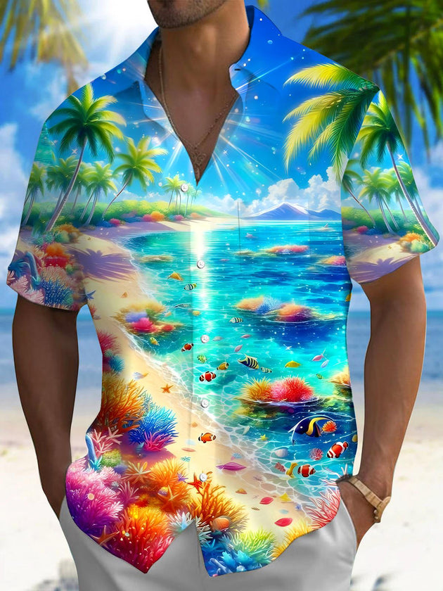 Men's blue Hawaiian short sleeve shirt front view for tropical beach vacation