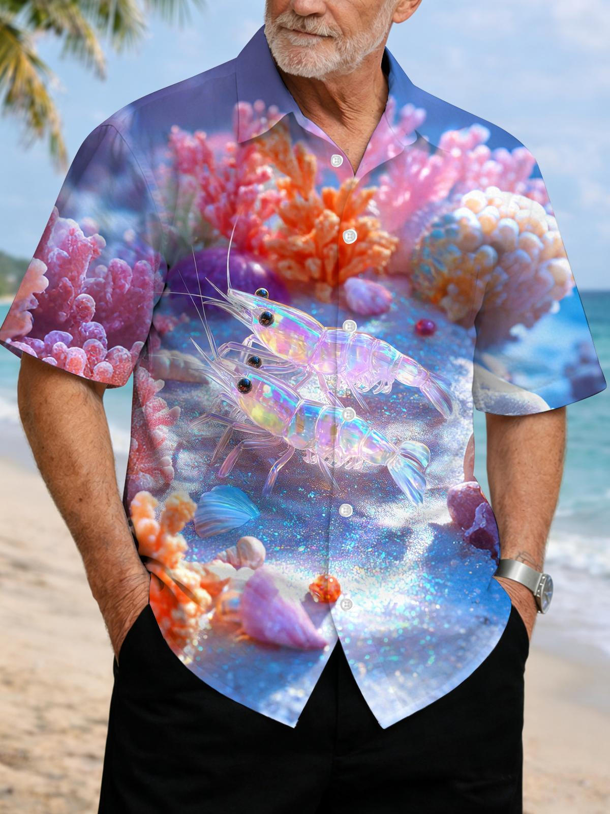 Ocean Coral Shrimp Print Men's Pocket Short Sleeve Shirts