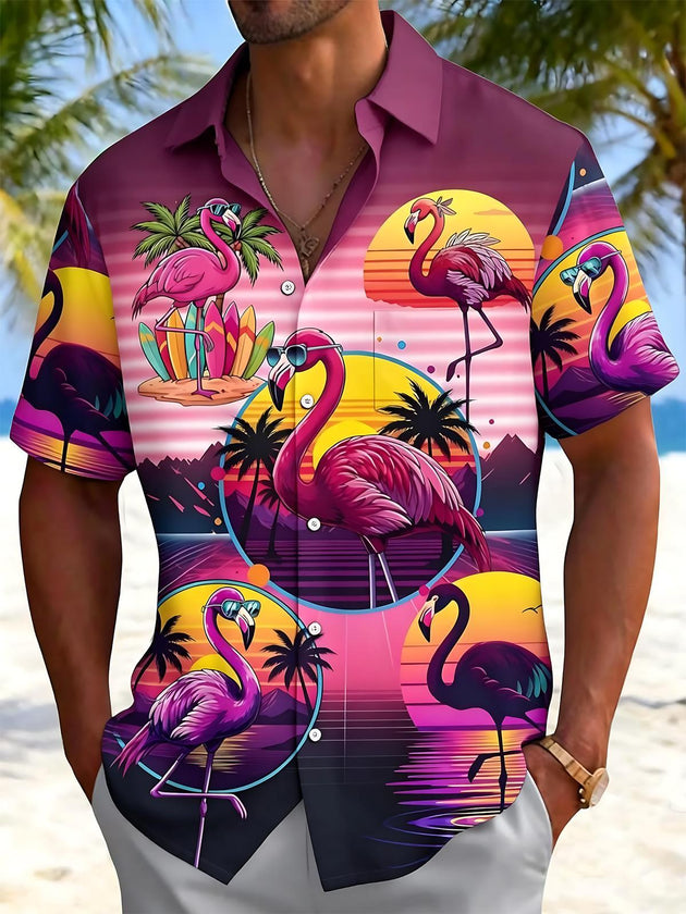 Men's flamingo print short sleeve shirt front view