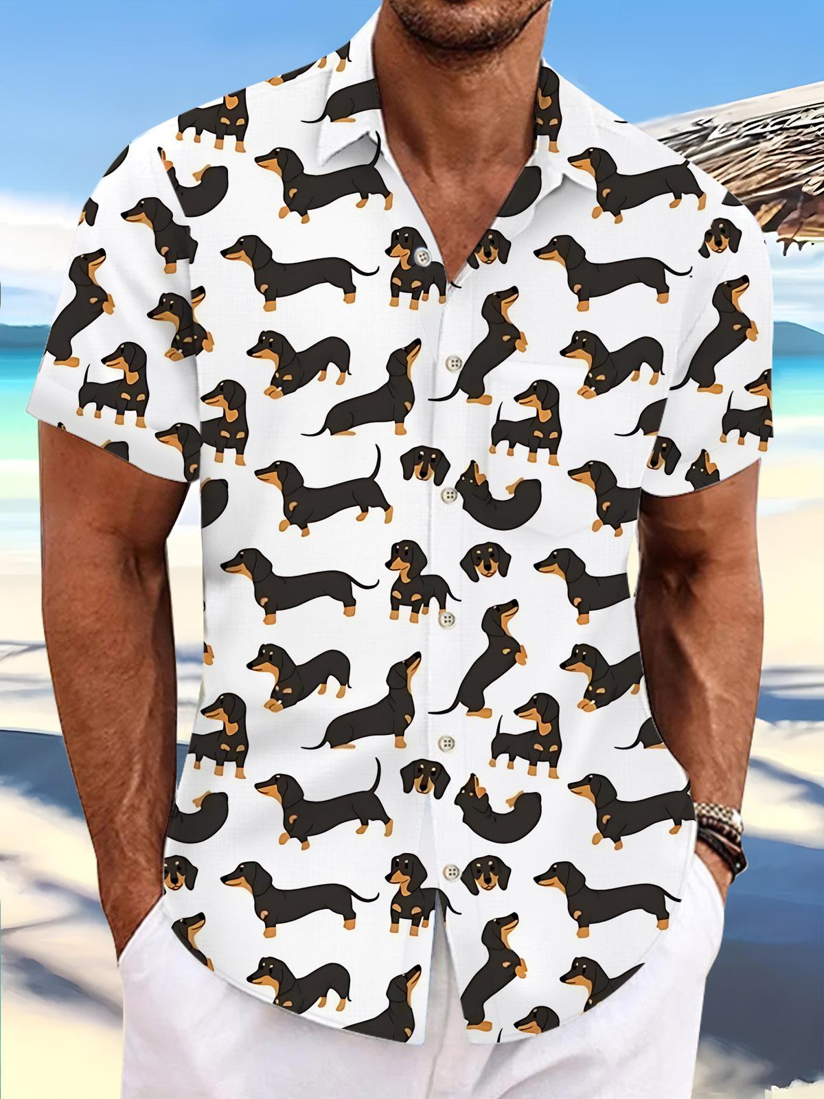 Dachshund Print Men's Pocket Short Sleeve Shirts