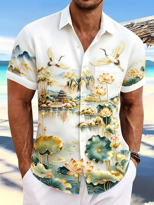 Art Gilded Landscape Crane Lotus Flower Scenery Men's Pocket Short Sleeve Shirts