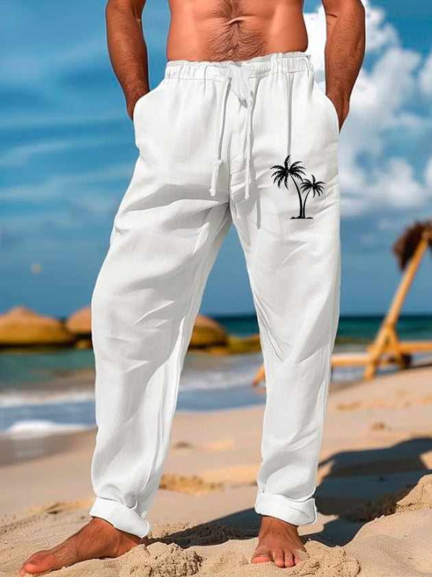 Men's casual Hawaiian coconut tree pants front view tropical beach vacation