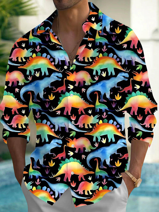 Men's dinosaur print long sleeve shirt front view