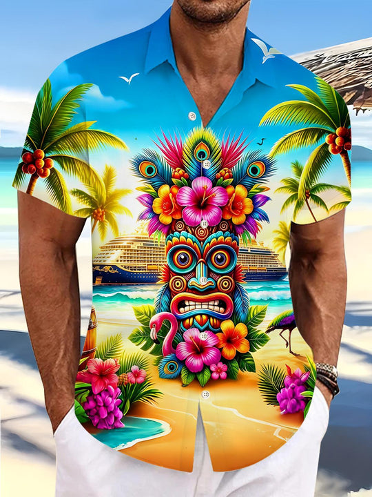 Fun Hawaiian Peacock Feather Tiki Flamingo Cruise Men's Pocket Short Sleeve Shirts