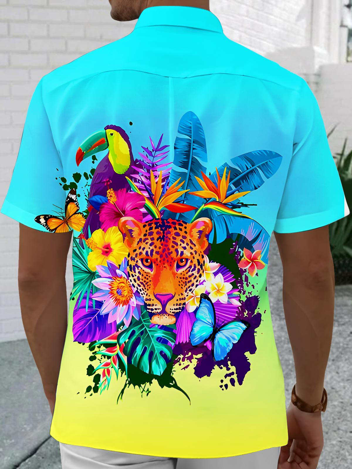 Hawaiian Cheetah Parrot Butterfly Flower Leaf Men's Pocket Short Sleeve Shirts