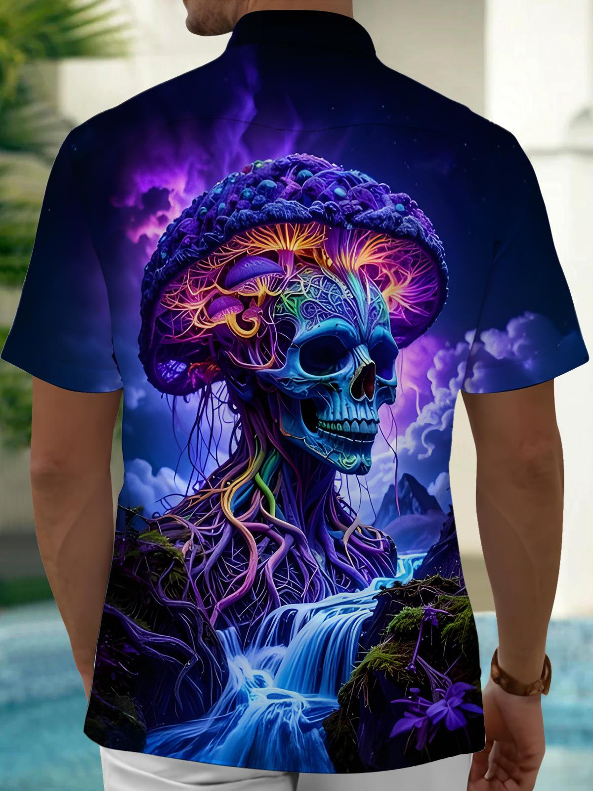 Mushroom Skull Print Men's Pocket Short Sleeve Shirts