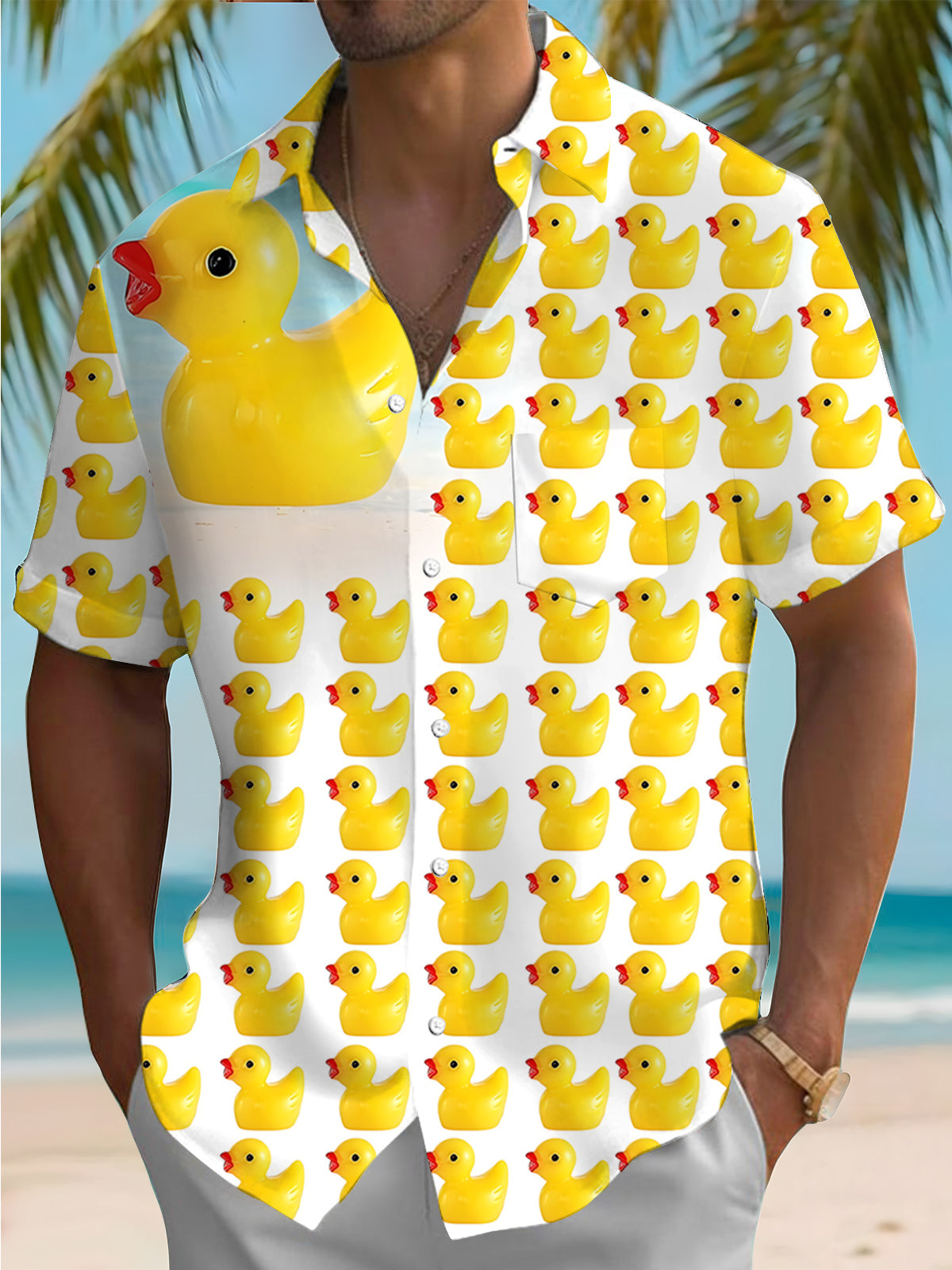 Yellow Duck Print Men's Pocket Short Sleeve Shirts