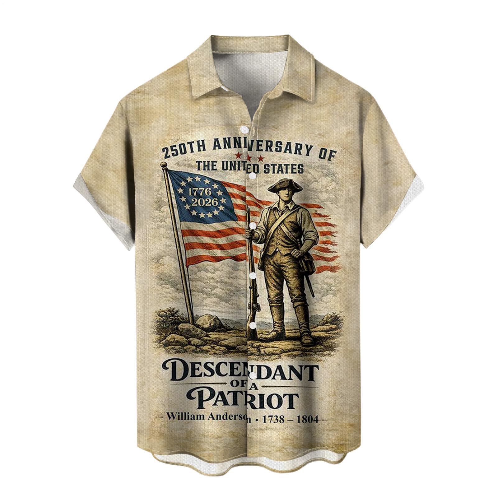 Men's American flag short sleeve Hawaiian shirt in a lifestyle vacation scene at a summer parade for Independence Day