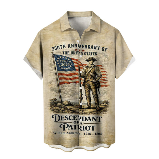 Men's American flag short sleeve Hawaiian shirt in a lifestyle vacation scene at a summer parade for Independence Day