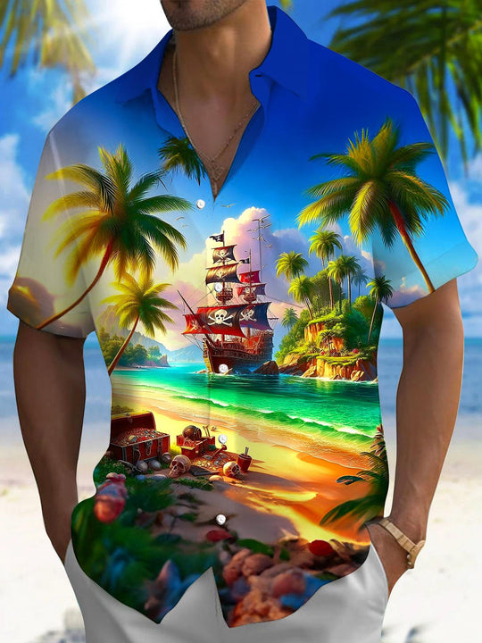 Men's Hawaiian short sleeve pocket shirt front view for beach vacation