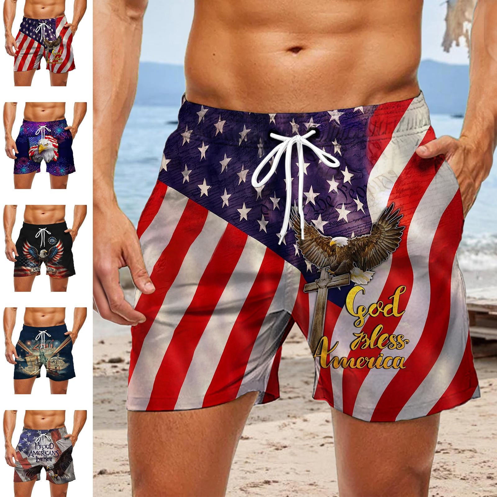 Men flat lay American flag print beach shorts pattern detail