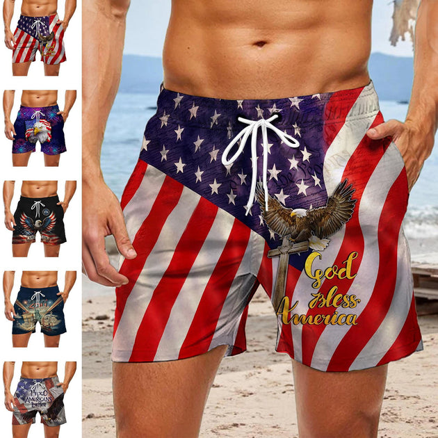 Men flat lay American flag print beach shorts pattern detail