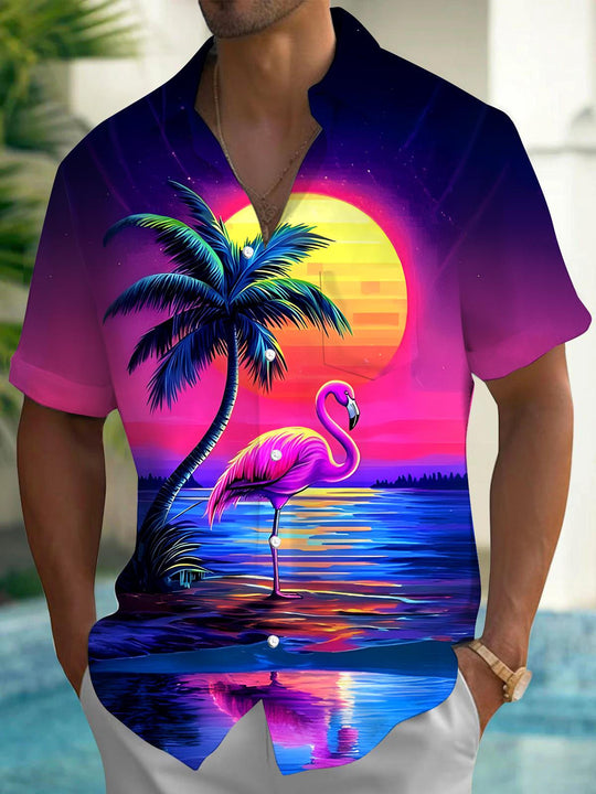 Men's Hawaiian flamingo print short sleeve shirt front view for tropical beach vacation
