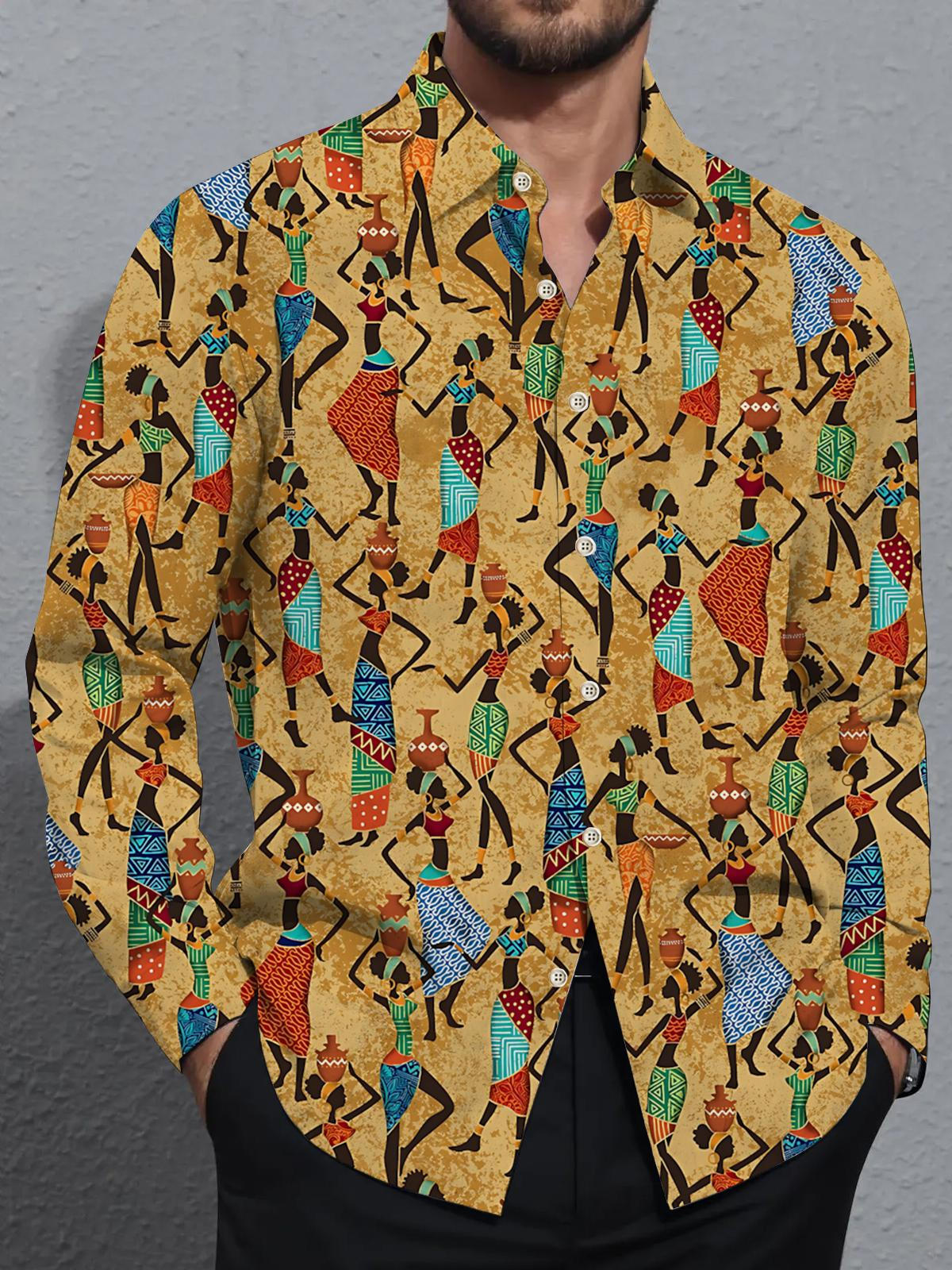 Vintage Art Print Men's Pocket Long Sleeve Shirts