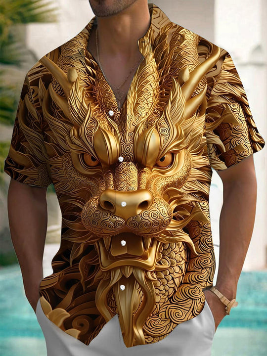 Men's short sleeve shirt with golden dragon print front view