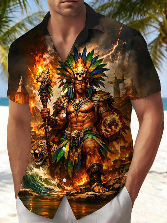 Dark Aztec Jaguar Warrior Fire Men's Pocket Short Sleeve Shirts